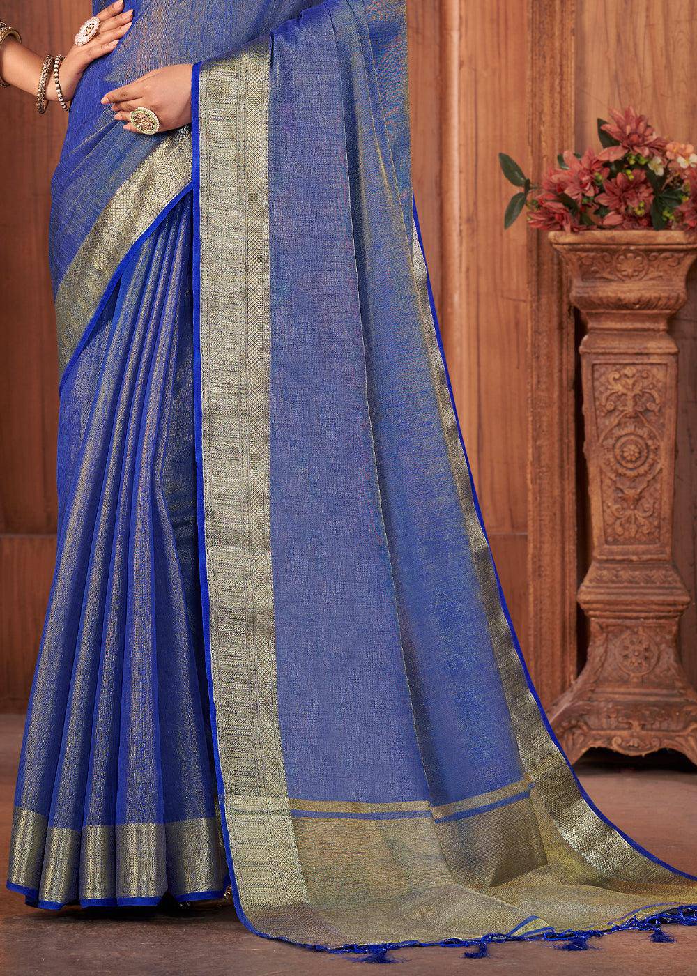 Shades Of Blue Zari Woven Tussar Silk Saree | Stitched Blouse - qivii