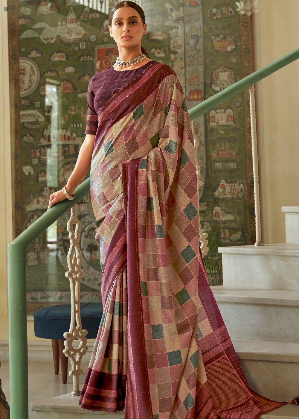 Shades Of Brown Designer Checkered Silk Saree | Stitched Blouse - qivii