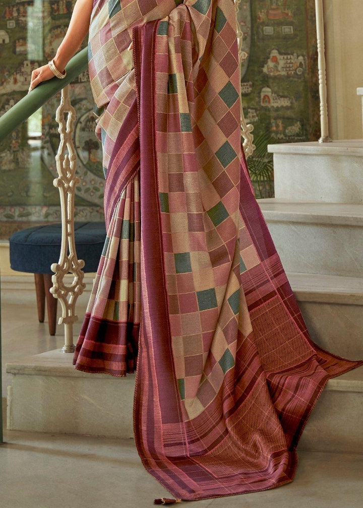 Shades Of Brown Designer Checkered Silk Saree | Stitched Blouse - qivii