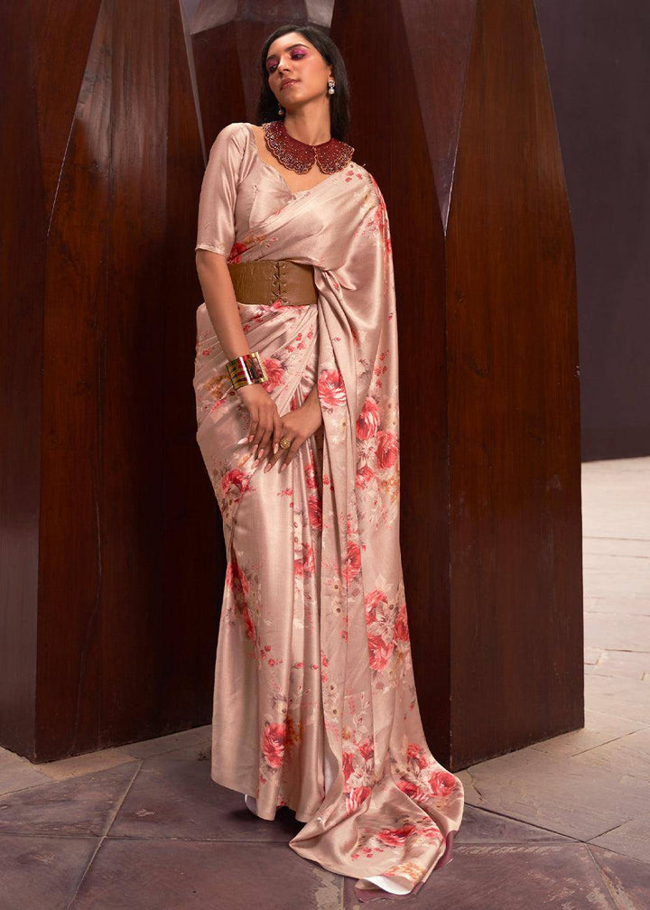 Shades Of Brown Floral Printed Satin Crepe Saree | Stitched Blouse - qivii