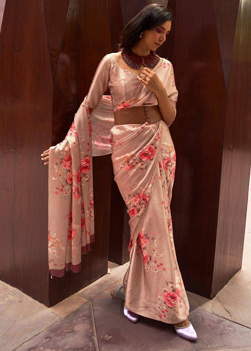 Shades Of Brown Floral Printed Satin Crepe Saree | Stitched Blouse - qivii