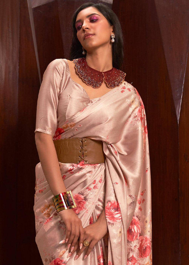 Shades Of Brown Floral Printed Satin Crepe Saree | Stitched Blouse - qivii