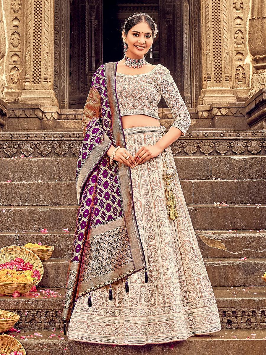 Shades Of Brown Georgette Lehenga Choli Having Lucknowi work and Banarasi Dupatta - qivii