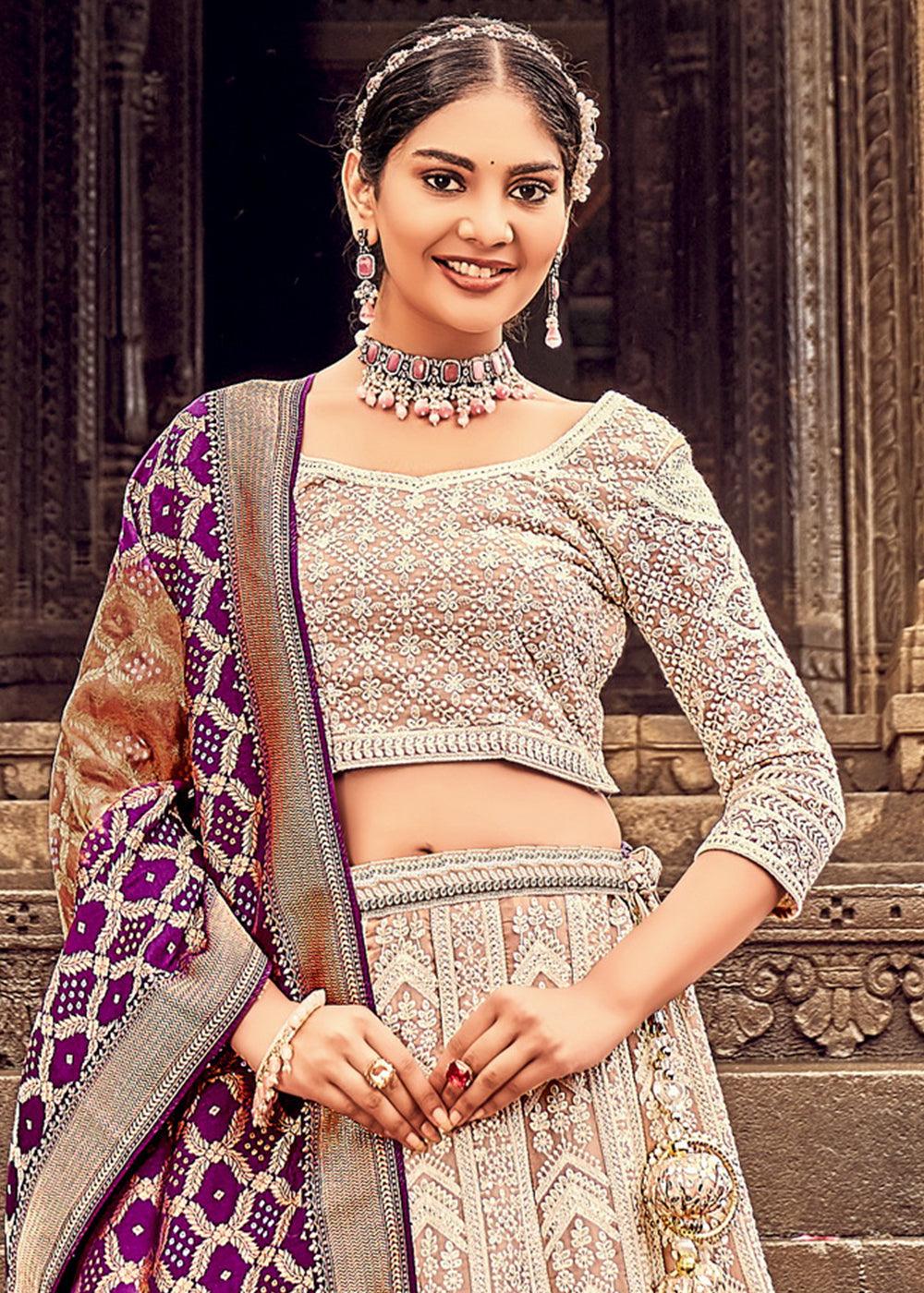 Shades Of Brown Georgette Lehenga Choli Having Lucknowi work and Banarasi Dupatta - qivii