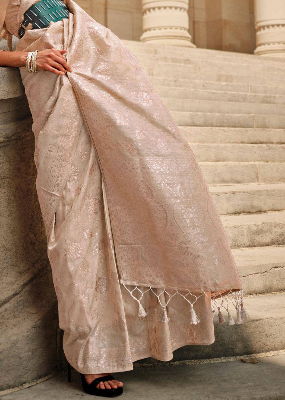 Shades Of Brown Gota Zari Handloom Weaving Silk Saree | Stitched Blouse - qivii