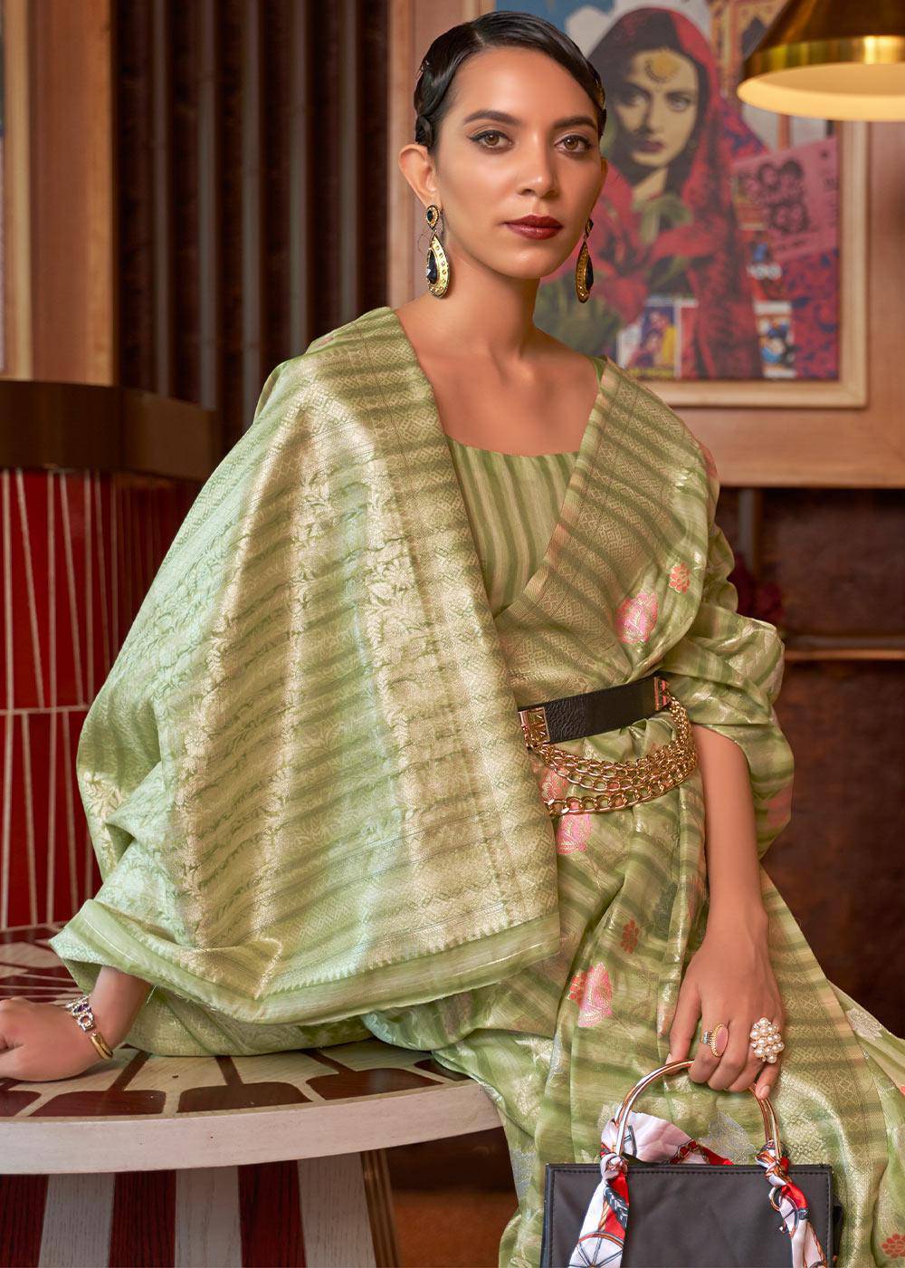 Shades Of Brown Handloom Weaving Linen Silk Saree | Stitched Blouse - qivii