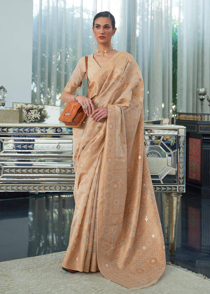 Shades Of Brown Lucknowi Chikankari Weaving Silk Saree | Stitched Blouse - qivii