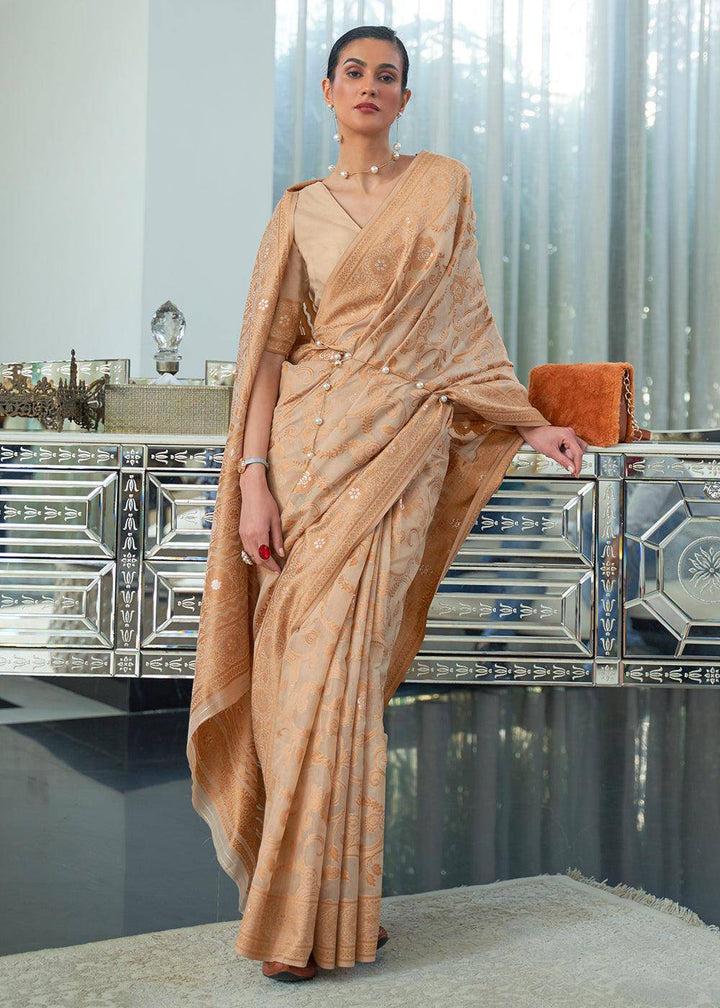 Shades Of Brown Lucknowi Chikankari Weaving Silk Saree | Stitched Blouse - qivii