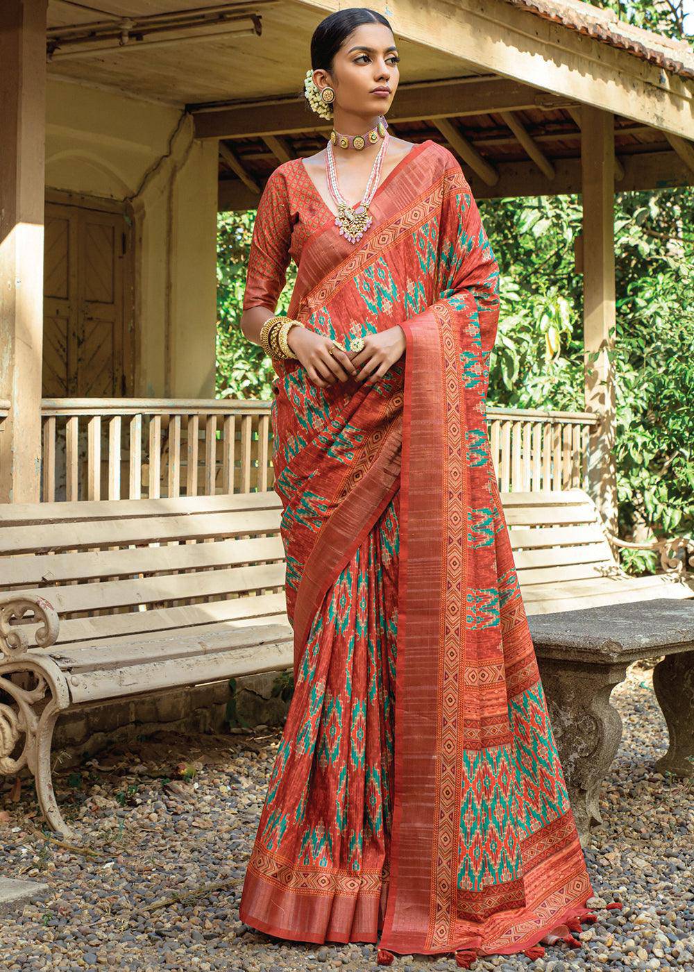 Shades Of Brown Patola Printed Dola Silk Saree | Stitched Blouse - qivii