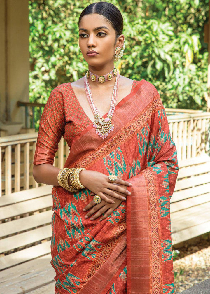 Shades Of Brown Patola Printed Dola Silk Saree | Stitched Blouse - qivii