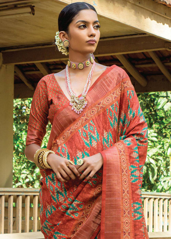 Shades Of Brown Patola Printed Dola Silk Saree | Stitched Blouse - qivii