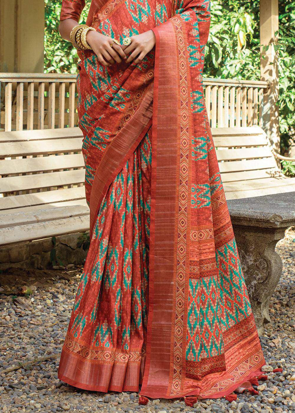 Shades Of Brown Patola Printed Dola Silk Saree | Stitched Blouse - qivii