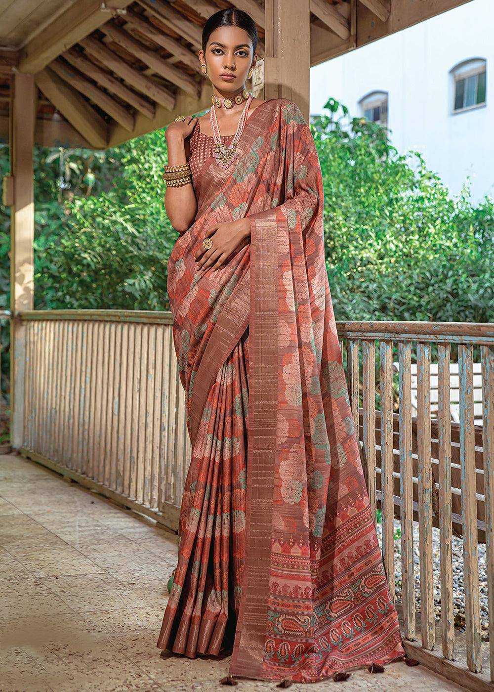 Shades Of Brown Printed Dola Silk Saree | Stitched Blouse - qivii