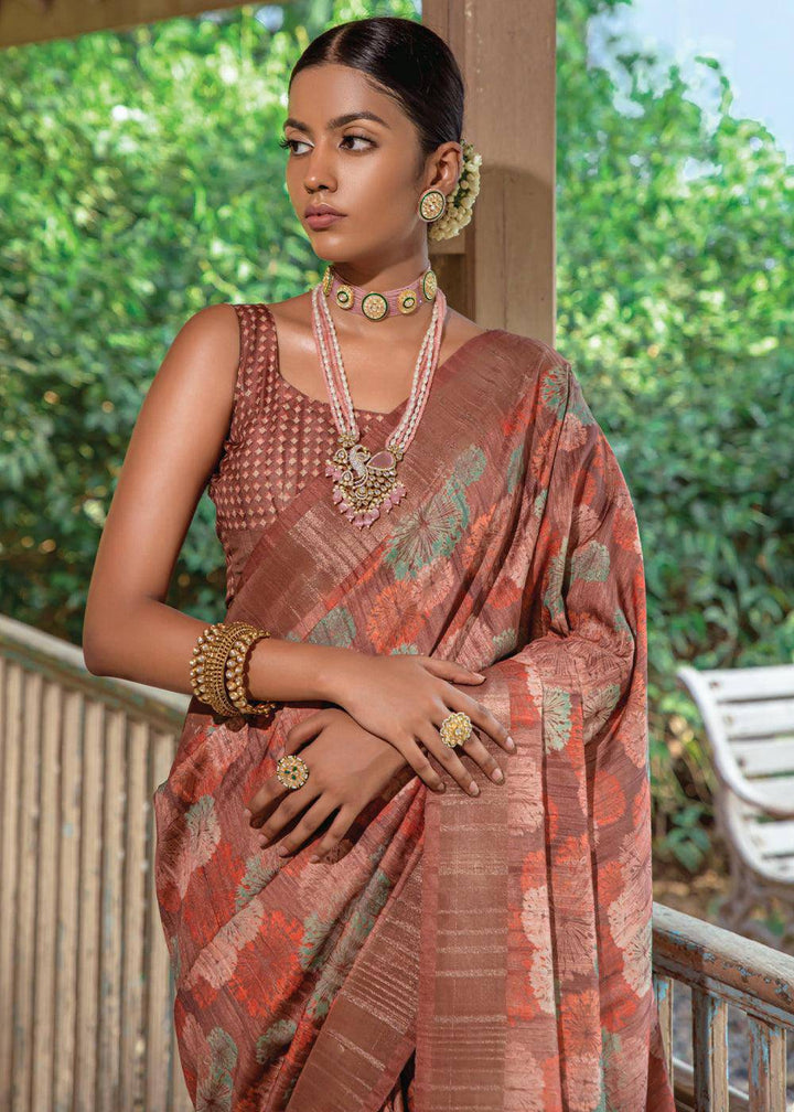 Shades Of Brown Printed Dola Silk Saree | Stitched Blouse - qivii