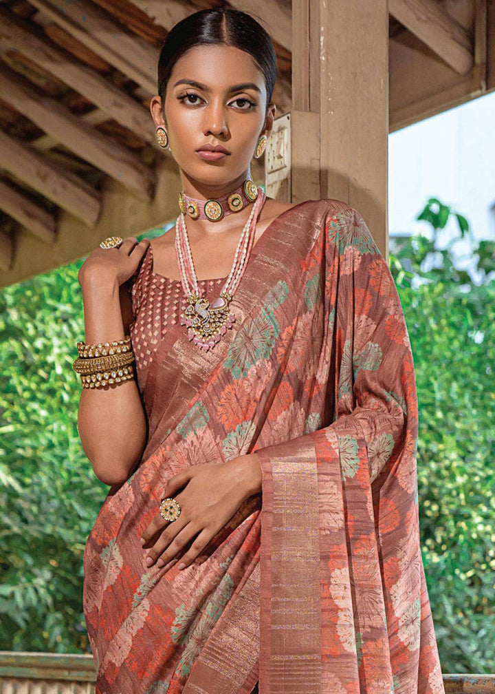 Shades Of Brown Printed Dola Silk Saree | Stitched Blouse - qivii