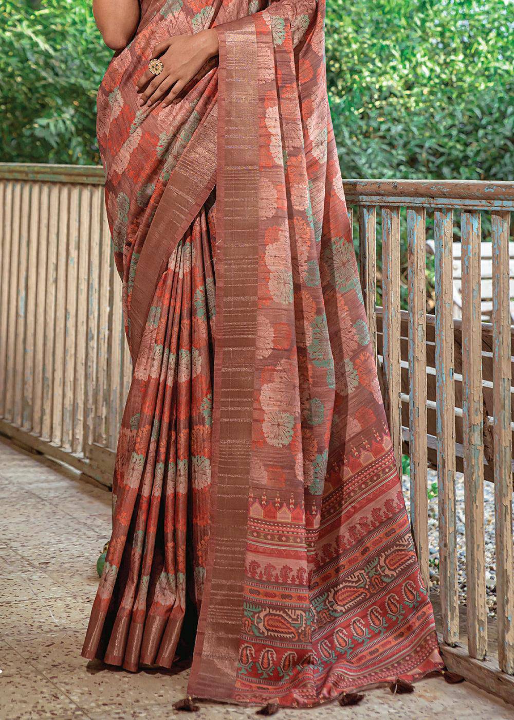 Shades Of Brown Printed Dola Silk Saree | Stitched Blouse - qivii