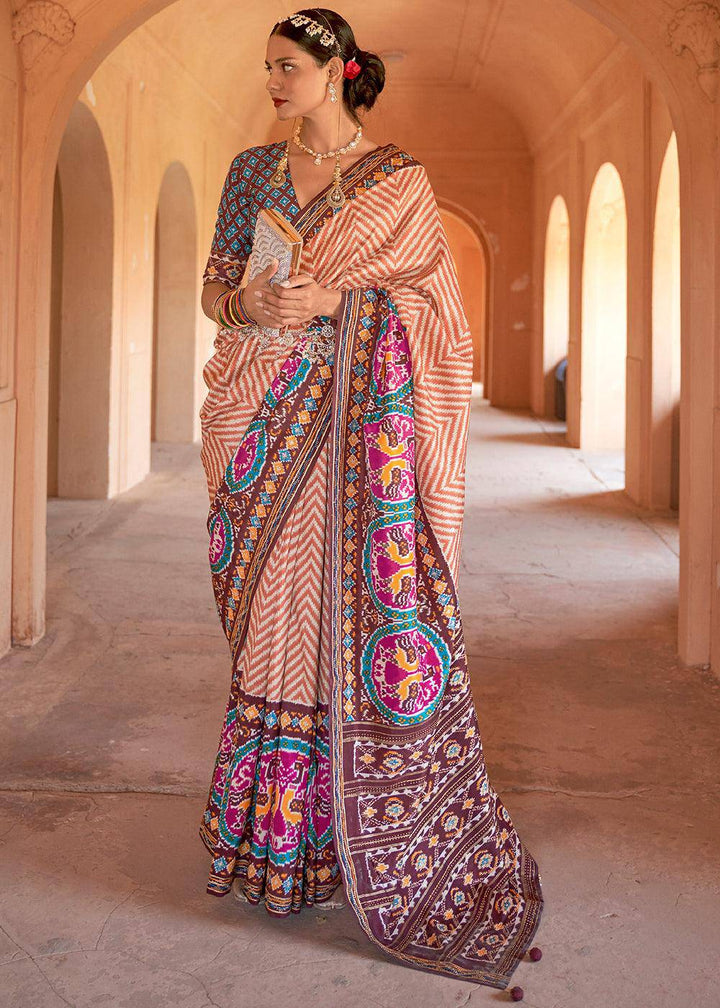 Shades Of Brown Printed Patola Silk Saree with Zari Border & Tassels on Pallu | Stitched Blouse - qivii