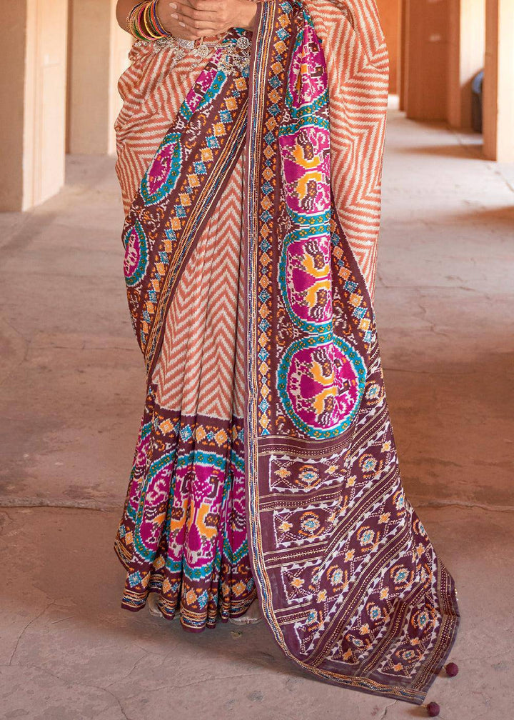 Shades Of Brown Printed Patola Silk Saree with Zari Border & Tassels on Pallu | Stitched Blouse - qivii