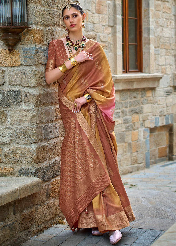 Shades Of Brown Viscose Silk Saree with Aqua Finish work | Stitched Blouse - qivii