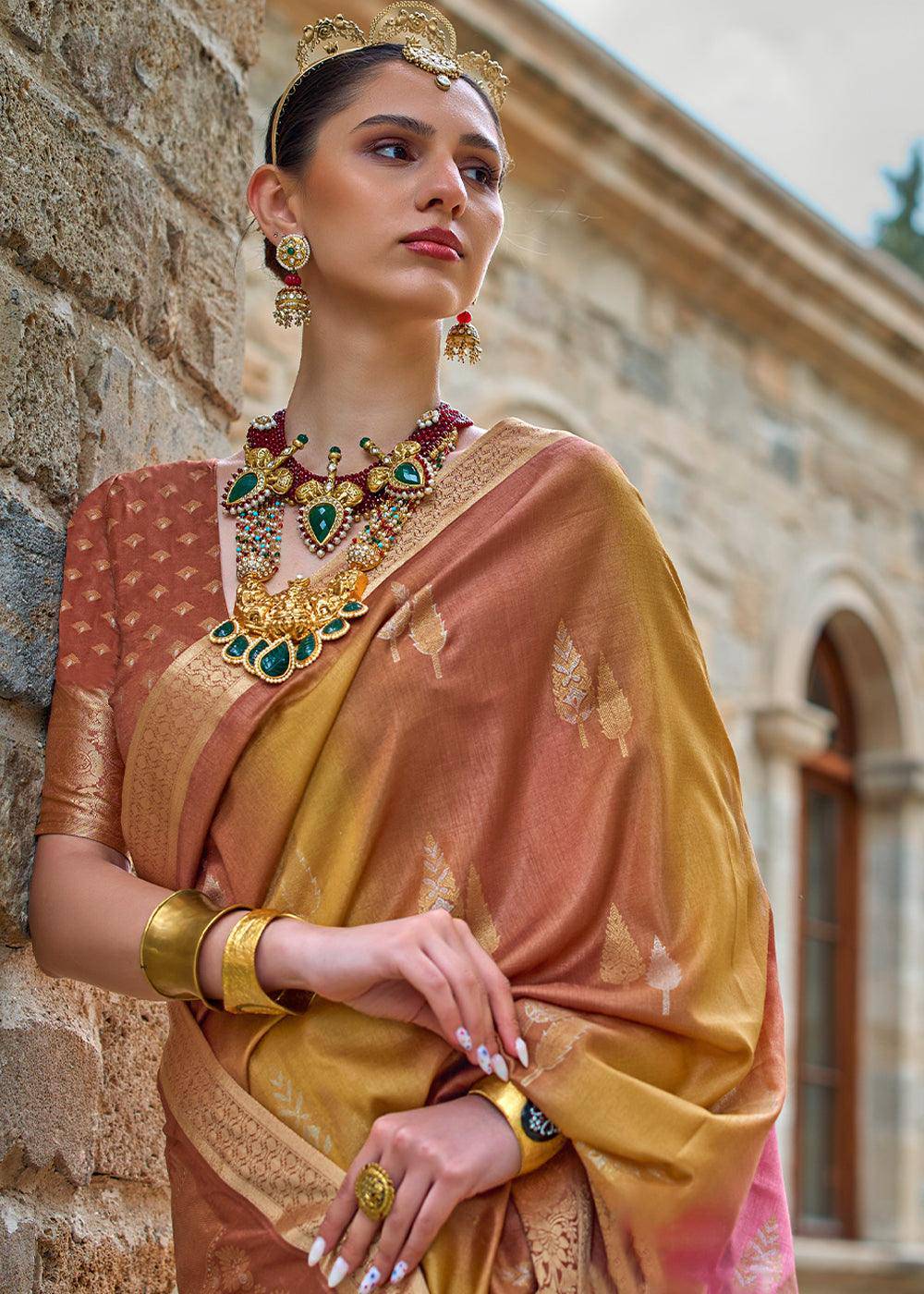 Shades Of Brown Viscose Silk Saree with Aqua Finish work | Stitched Blouse - qivii