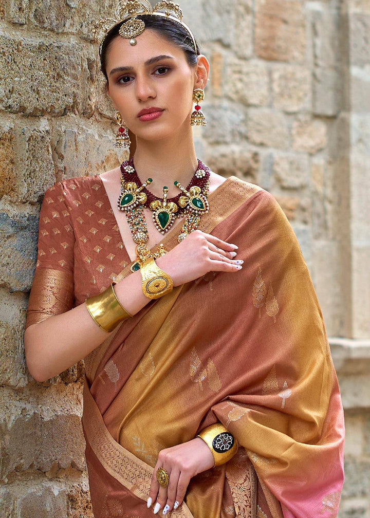 Shades Of Brown Viscose Silk Saree with Aqua Finish work | Stitched Blouse - qivii