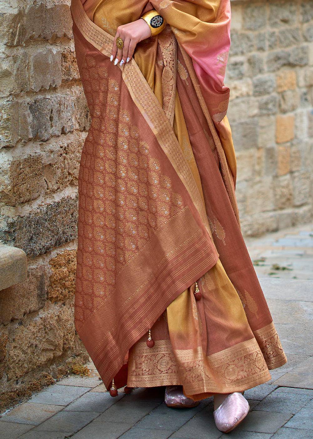 Shades Of Brown Viscose Silk Saree with Aqua Finish work | Stitched Blouse - qivii