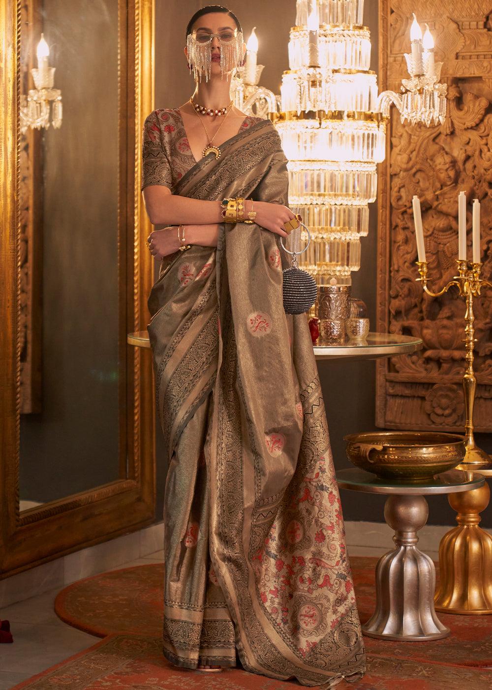 Shades Of Brown Zari Handloom Woven Designer Silk Saree - qivii