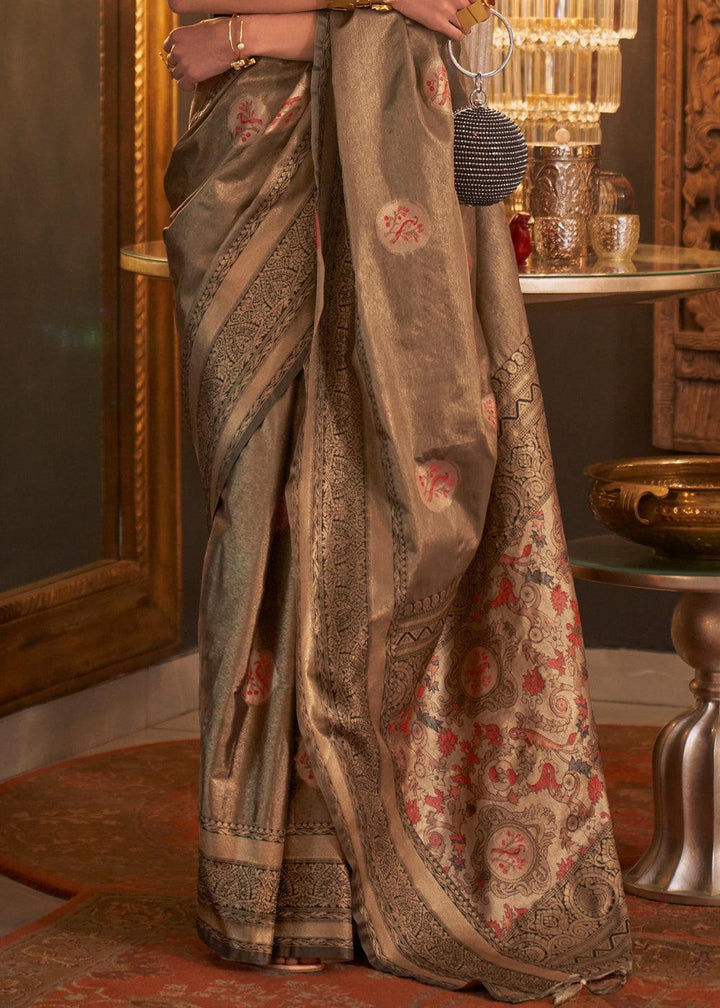 Shades Of Brown Zari Handloom Woven Designer Silk Saree - qivii