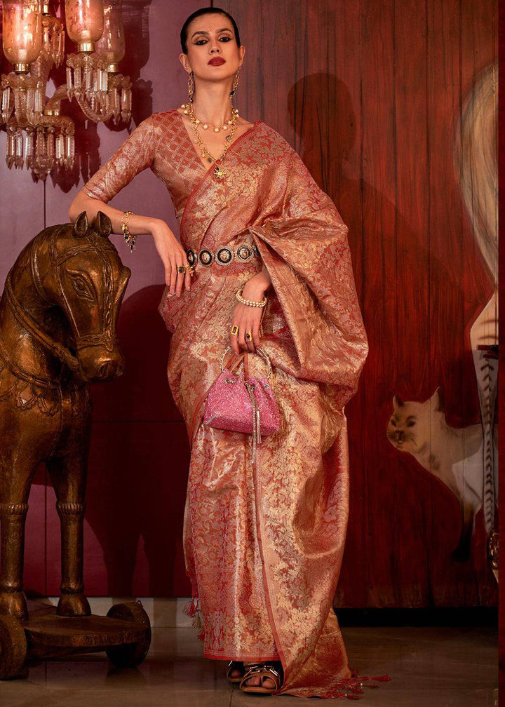 Shades Of Brown Zari Woven Banarasi Brocade Silk Saree | Stitched Blouse - qivii