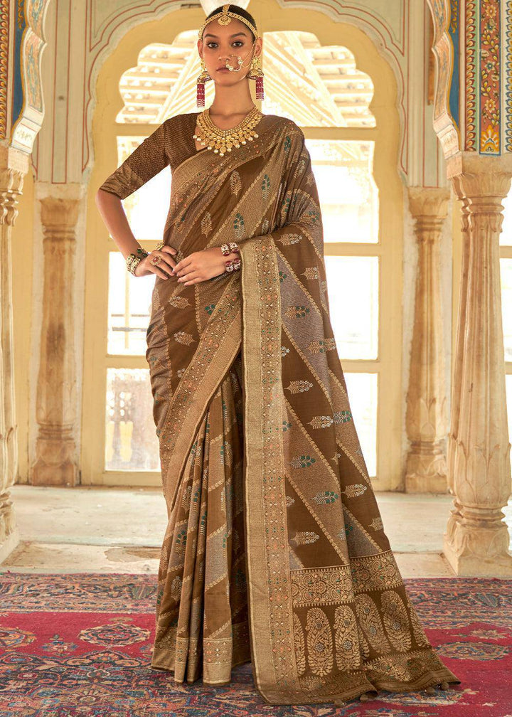 Shades Of Brown Zari Woven Banarasi Silk Saree | Stitched Blouse - qivii