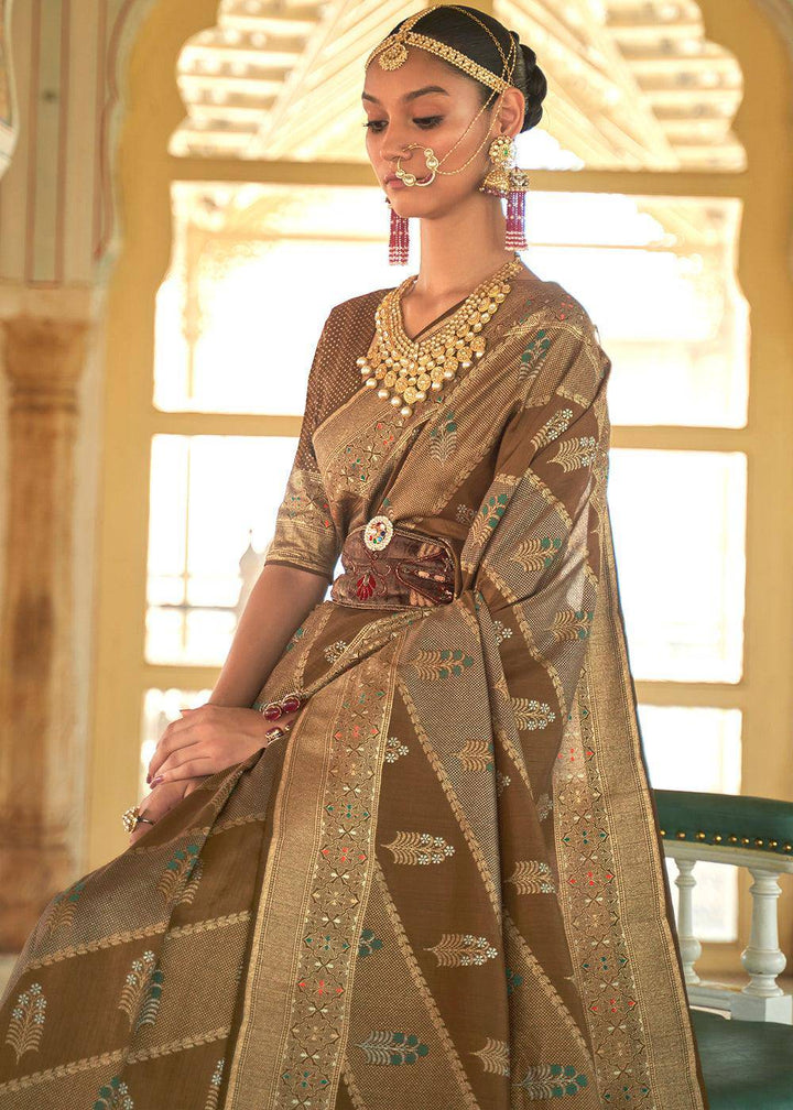 Shades Of Brown Zari Woven Banarasi Silk Saree | Stitched Blouse - qivii