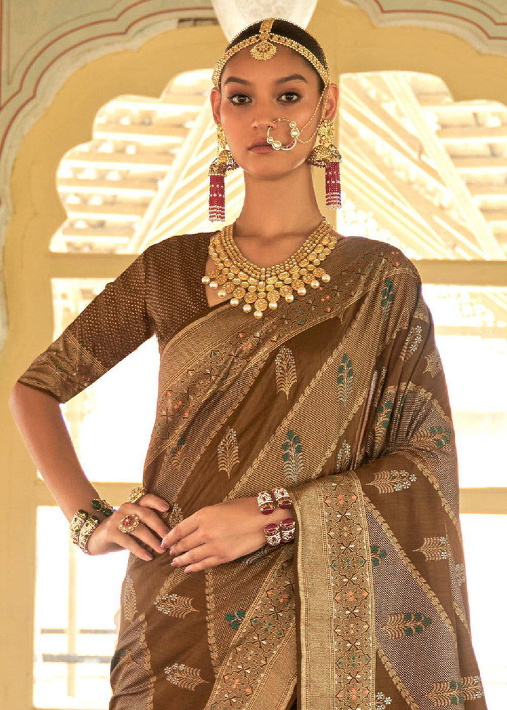 Shades Of Brown Zari Woven Banarasi Silk Saree | Stitched Blouse - qivii