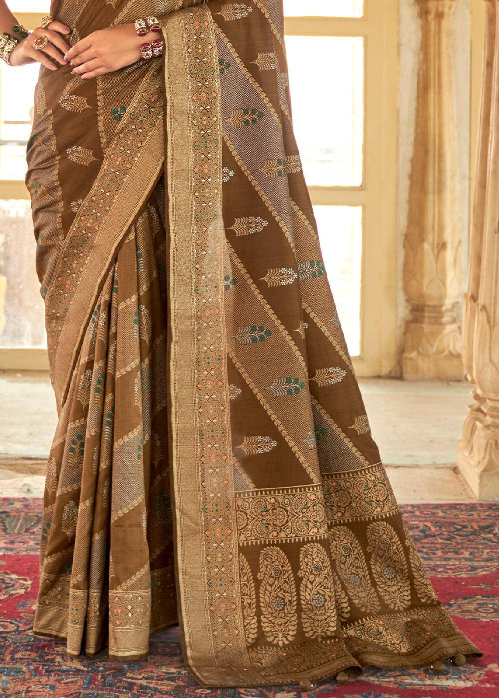 Shades Of Brown Zari Woven Banarasi Silk Saree | Stitched Blouse - qivii