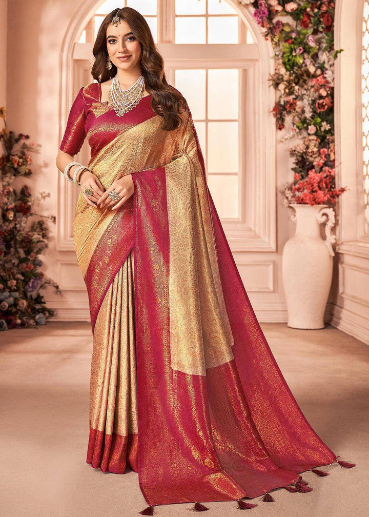 Shades Of Brown Zari Woven Designer Silk Saree | Stitched Blouse - qivii