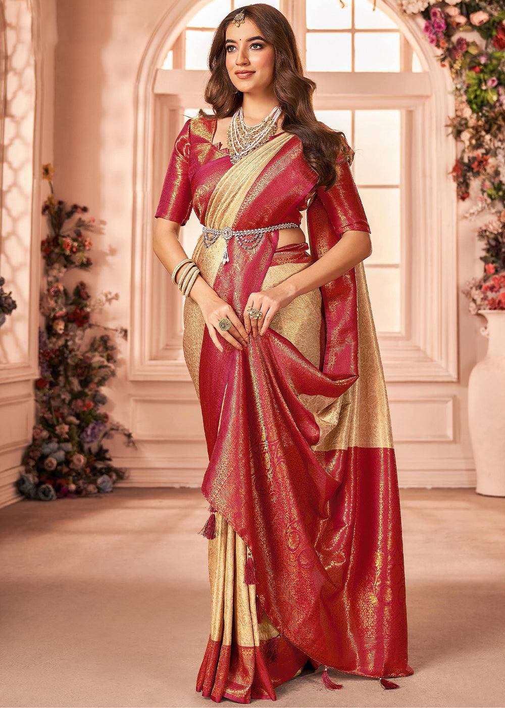 Shades Of Brown Zari Woven Designer Silk Saree | Stitched Blouse - qivii