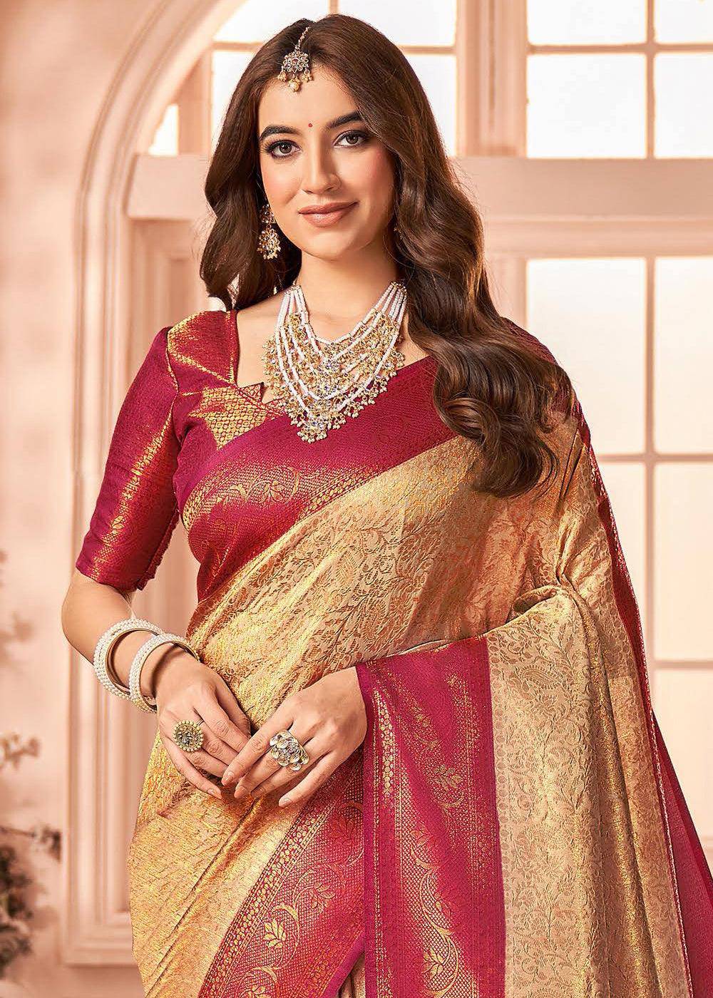 Shades Of Brown Zari Woven Designer Silk Saree | Stitched Blouse - qivii