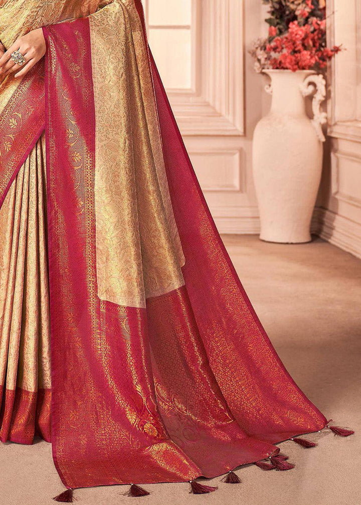 Shades Of Brown Zari Woven Designer Silk Saree | Stitched Blouse - qivii