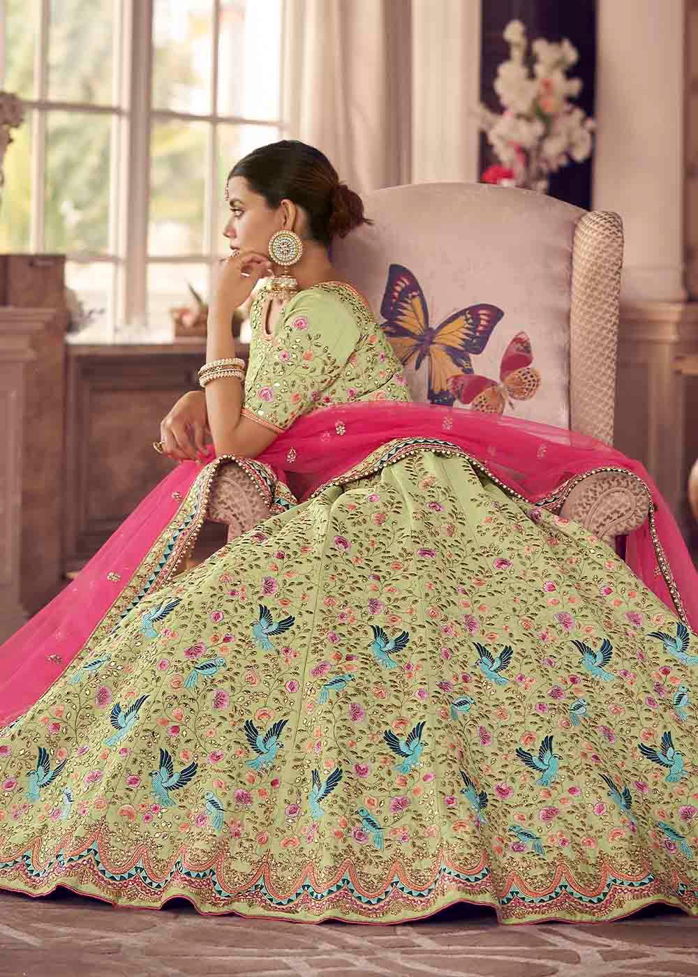 Shades Of Green Art Silk Lehenga Choli with Thread & Zari work - qivii