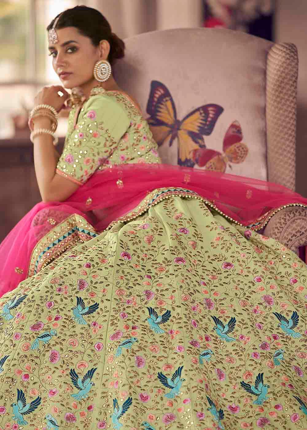 Shades Of Green Art Silk Lehenga Choli with Thread & Zari work - qivii