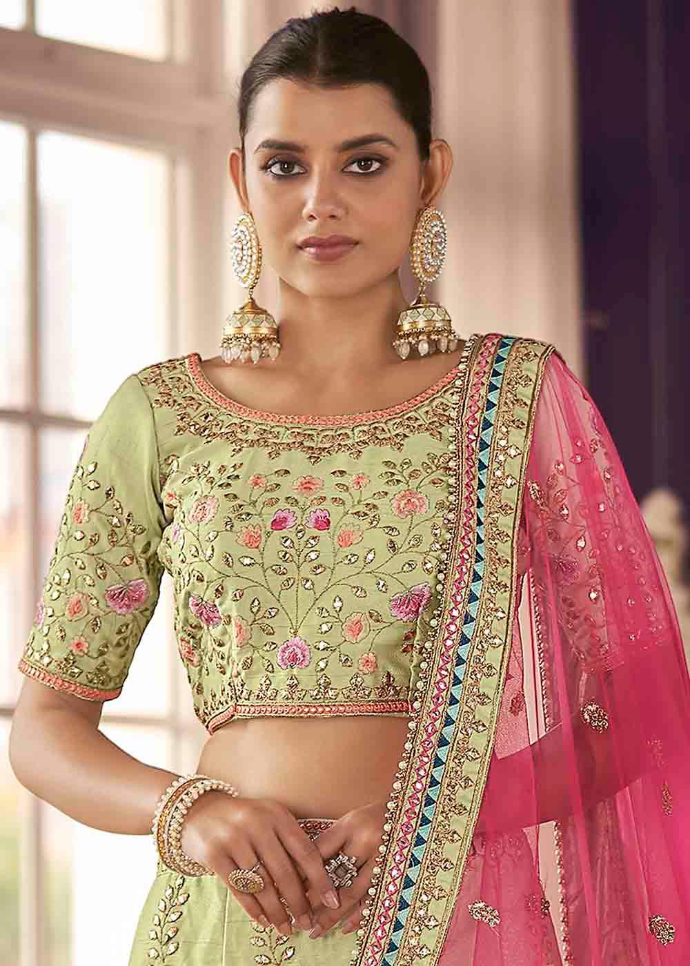 Shades Of Green Art Silk Lehenga Choli with Thread & Zari work - qivii