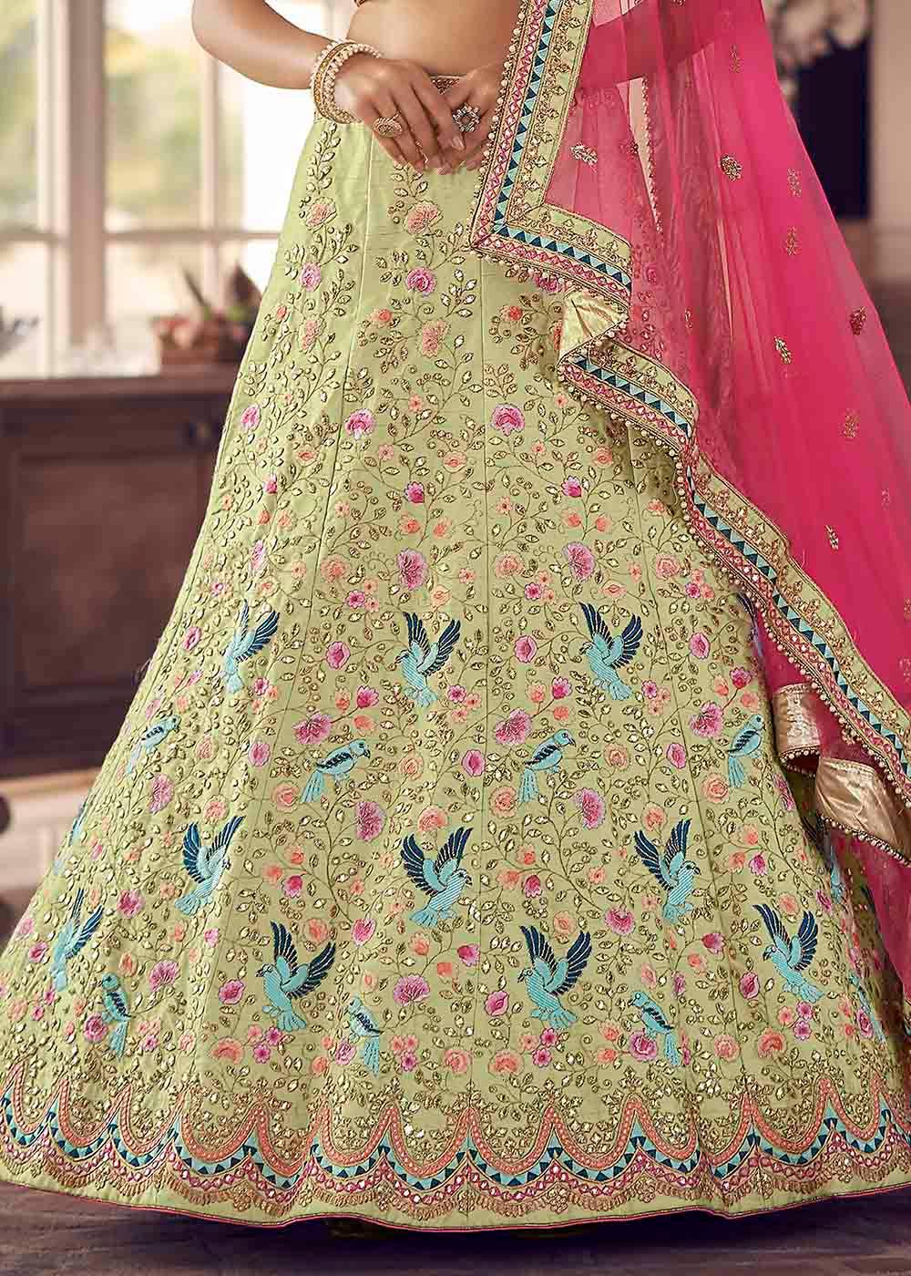 Shades Of Green Art Silk Lehenga Choli with Thread & Zari work - qivii