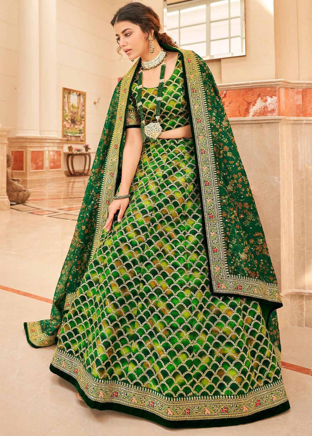 Shades Of Green Art Silk Lehenga Choli with Thread, Zari,Dori & Sequins work - qivii