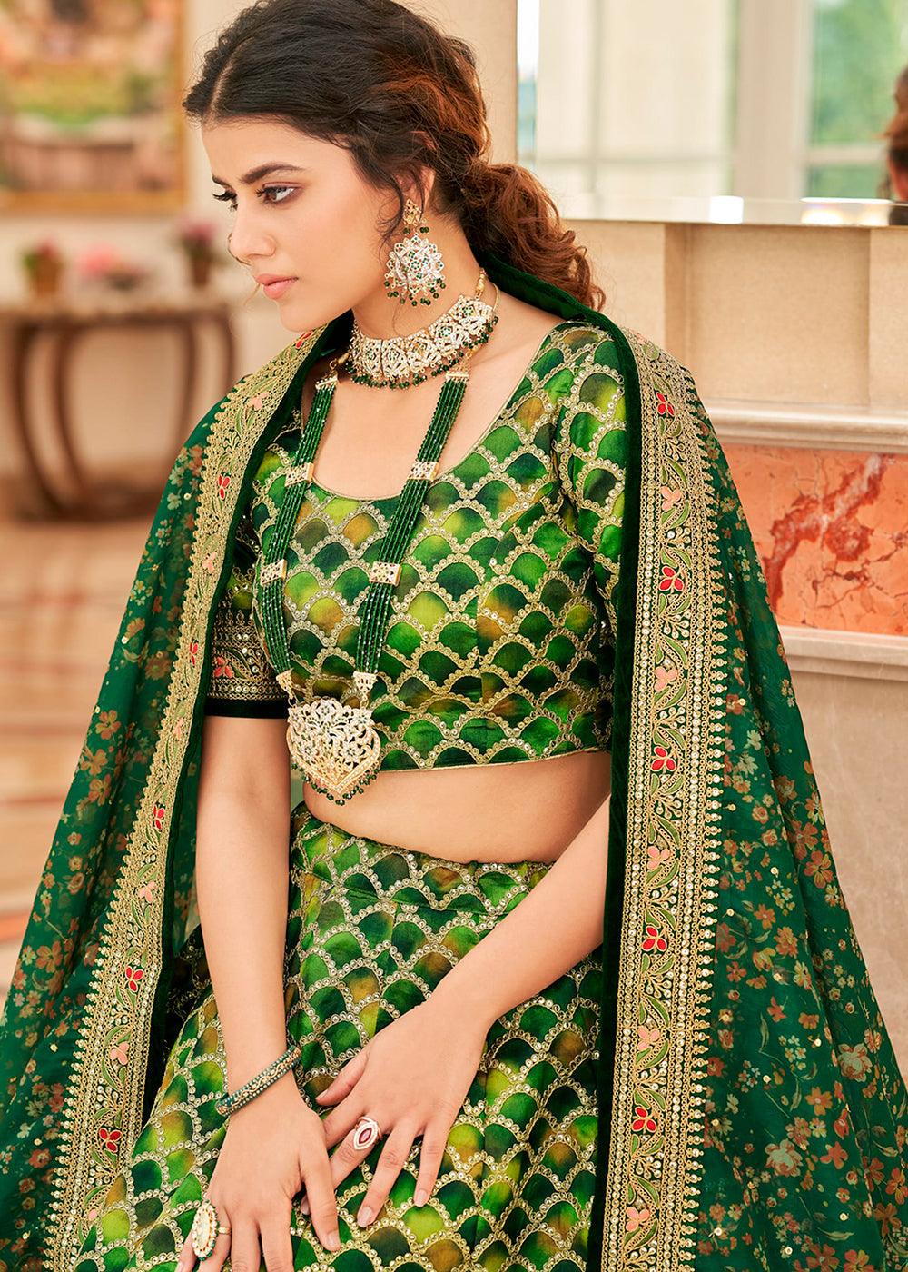 Shades Of Green Art Silk Lehenga Choli with Thread, Zari,Dori & Sequins work - qivii