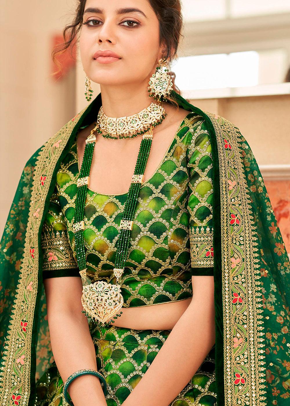 Shades Of Green Art Silk Lehenga Choli with Thread, Zari,Dori & Sequins work - qivii