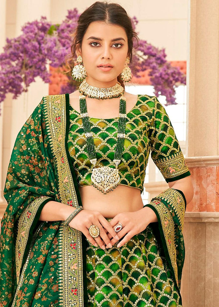 Shades Of Green Art Silk Lehenga Choli with Thread, Zari,Dori & Sequins work - qivii