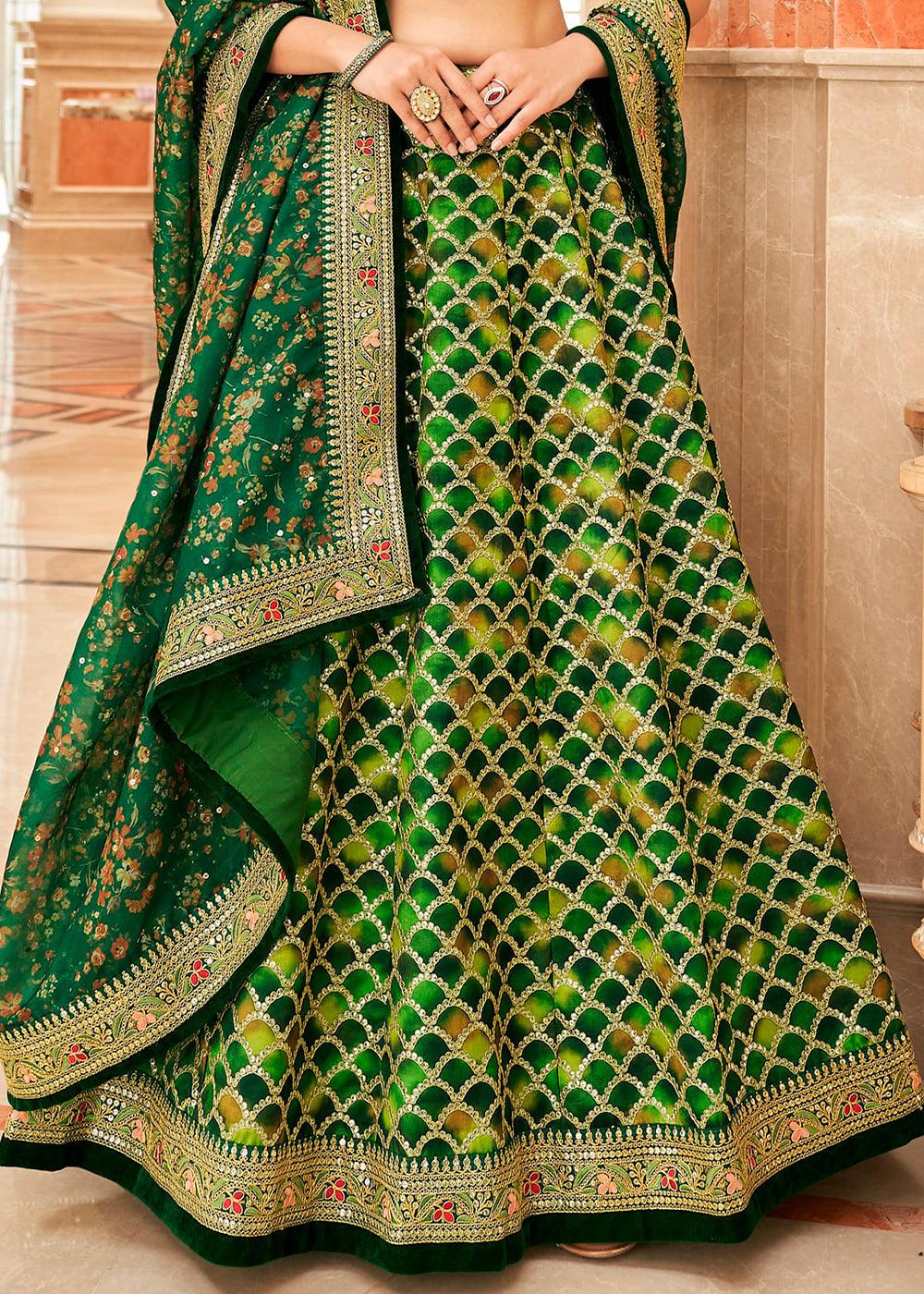 Shades Of Green Art Silk Lehenga Choli with Thread, Zari,Dori & Sequins work - qivii