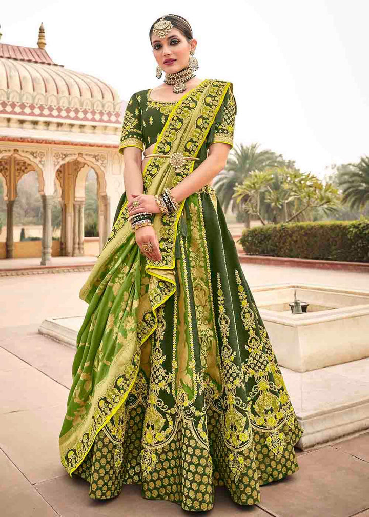 Shades Of Green Banarasi Silk Lehenga Choli with Khatli work Embroidery - qivii