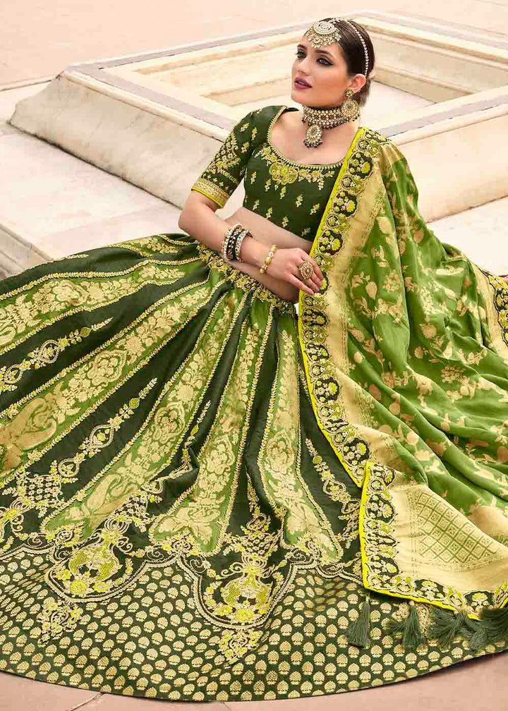 Shades Of Green Banarasi Silk Lehenga Choli with Khatli work Embroidery - qivii