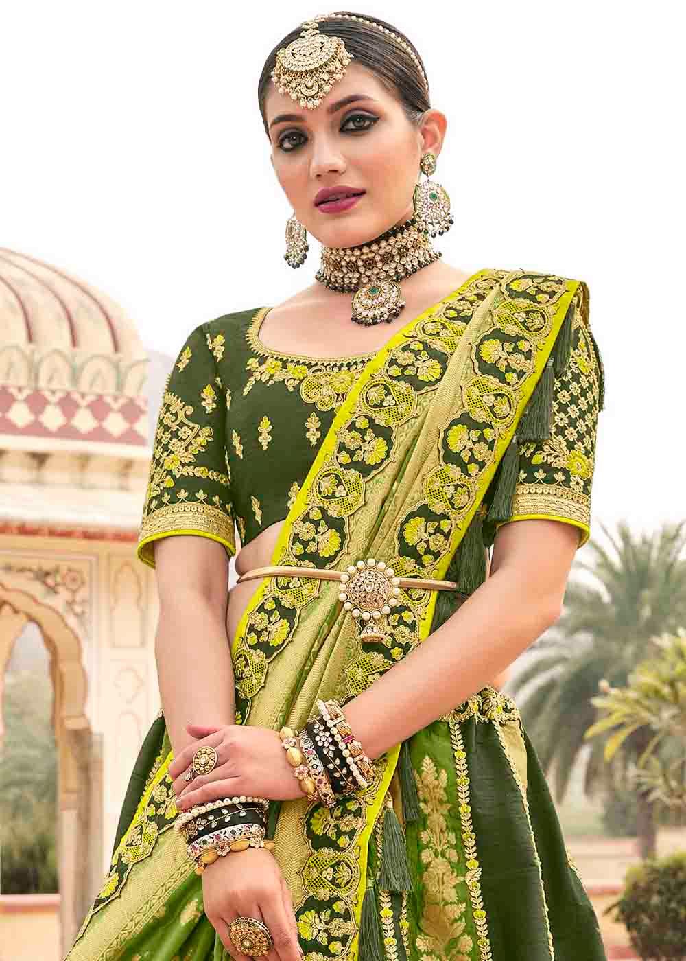 Shades Of Green Banarasi Silk Lehenga Choli with Khatli work Embroidery - qivii