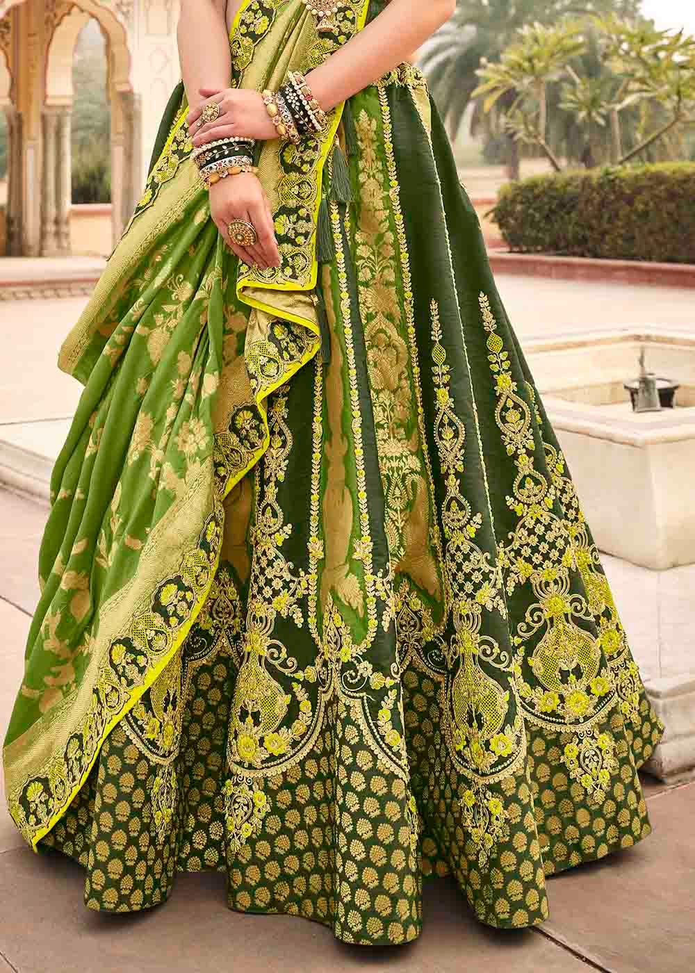 Shades Of Green Banarasi Silk Lehenga Choli with Khatli work Embroidery - qivii